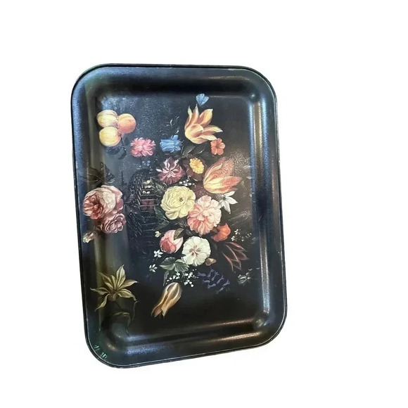 Vintage Metal Tray Black Floral Flowers Breakfast Lap Serving Work‎ Tray - Picture 1 of 6